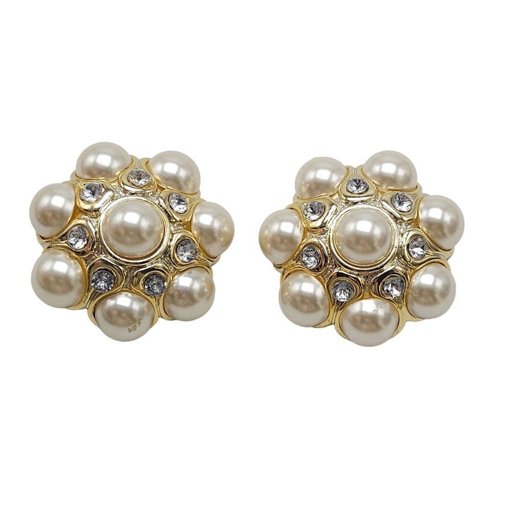 Large Faux Pearl Clear Rhinestone Cluster Clip on Earrings Vintage